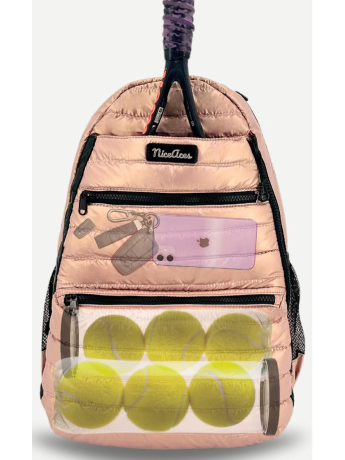 NiceAces Neon Ultra-Lite Tennis & Pickleball Puffer Backpack (Rose Gold)